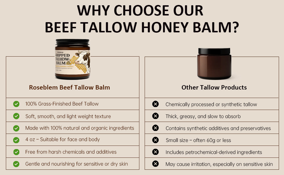 ROSEBLEM Whipped Tallow Balm - 100% Grass-Fed Beef Tallow and Honey Balm for Face & Body Moisturizer for Sensitive Skin 4.2oz