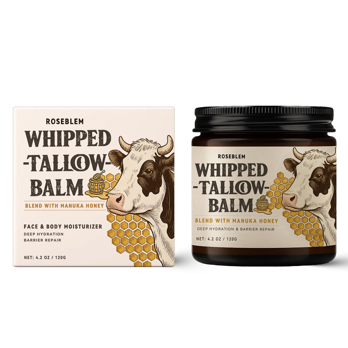 ROSEBLEM Whipped Tallow Balm - 100% Grass-Fed Beef Tallow and Honey Balm for Face & Body Moisturizer for Sensitive Skin 4.2oz
