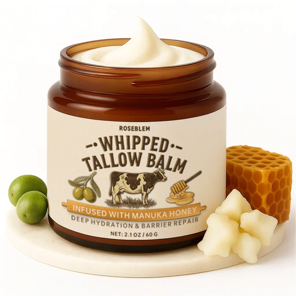 ROSEBLEM Whipped Tallow Balm - 100% Grass-Fed Beef Tallow and Honey Balm for Face & Body Moisturizer for Sensitive Skin 2.1oz