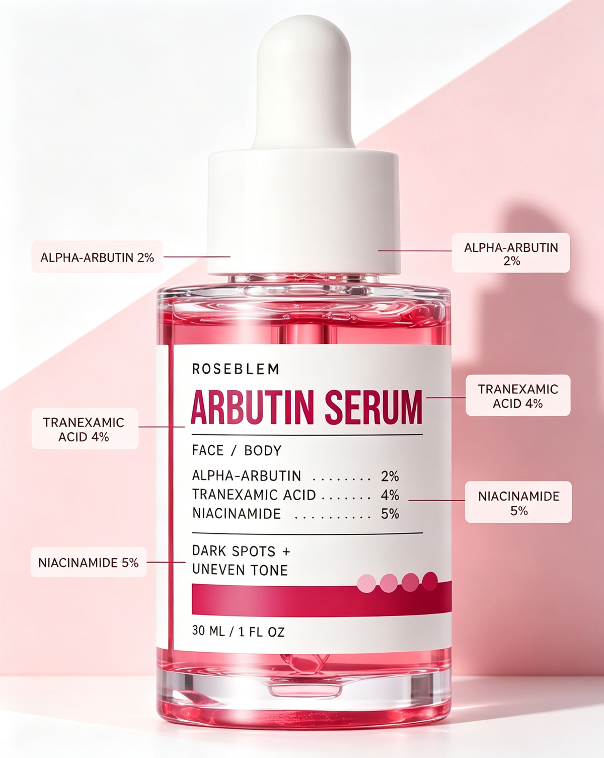 Roseblem Arbutin and Tranexamic Acid Facial Serum,formulated to improve dark spots and uneven skin tone,facial skincare product,1fl oz