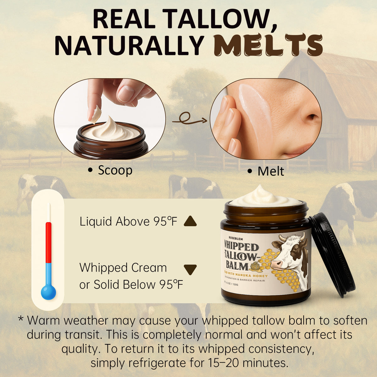 ROSEBLEM Whipped Tallow Balm - 100% Grass-Fed Beef Tallow and Honey Balm for Face & Body Moisturizer for Sensitive Skin 4.2oz