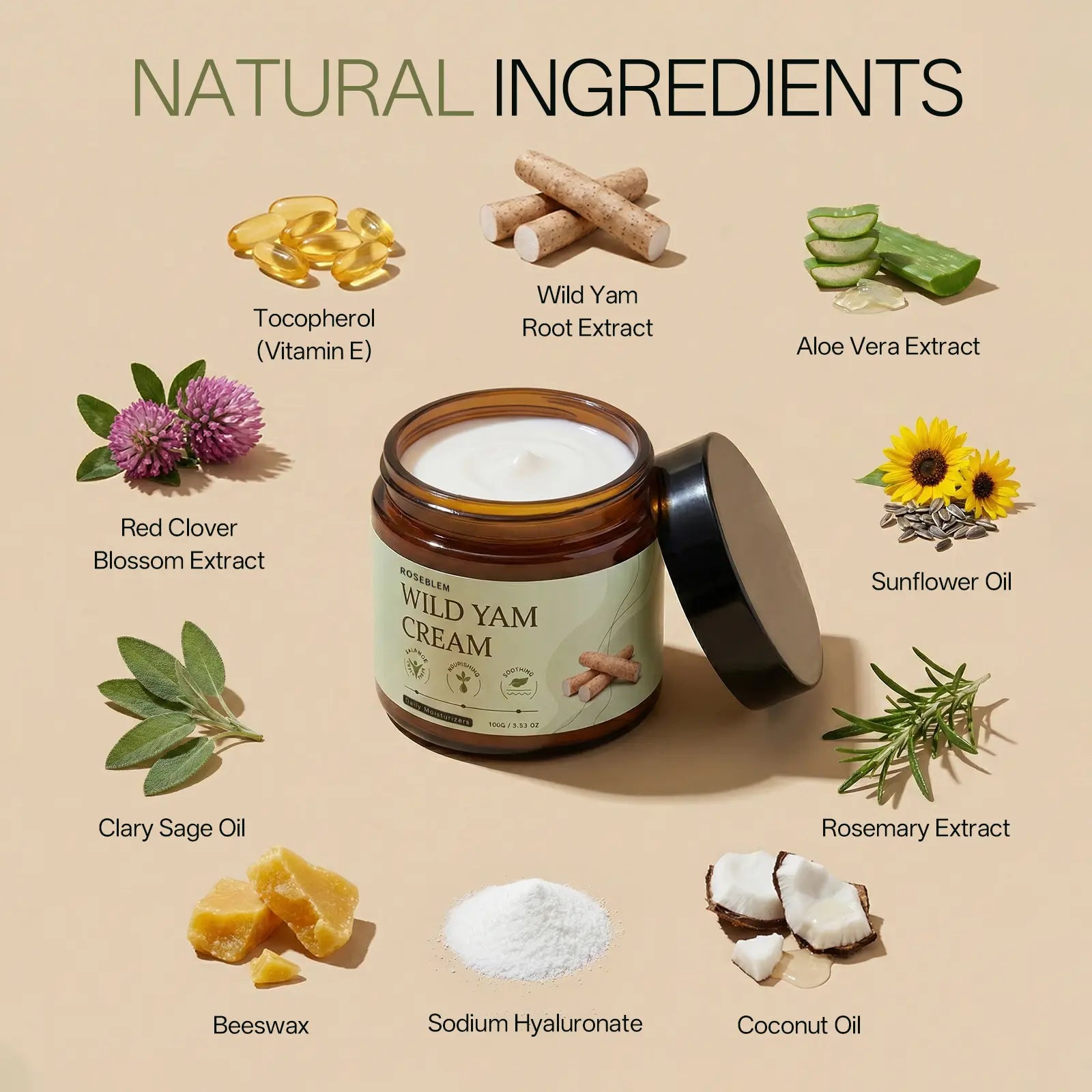 ROSEBLEM Wild Yam Cream – Body Moisturizer with Deep Hydration for Menopause-Prone Skin, Hormone Balance Support, 100g / 3.53oz