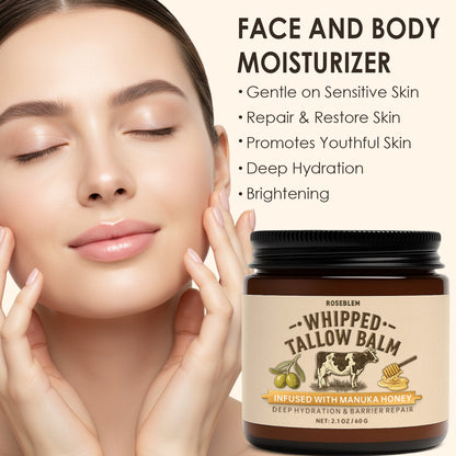 ROSEBLEM Whipped Tallow Balm - 100% Grass-Fed Beef Tallow and Honey Balm for Face & Body Moisturizer for Sensitive Skin 2.1oz