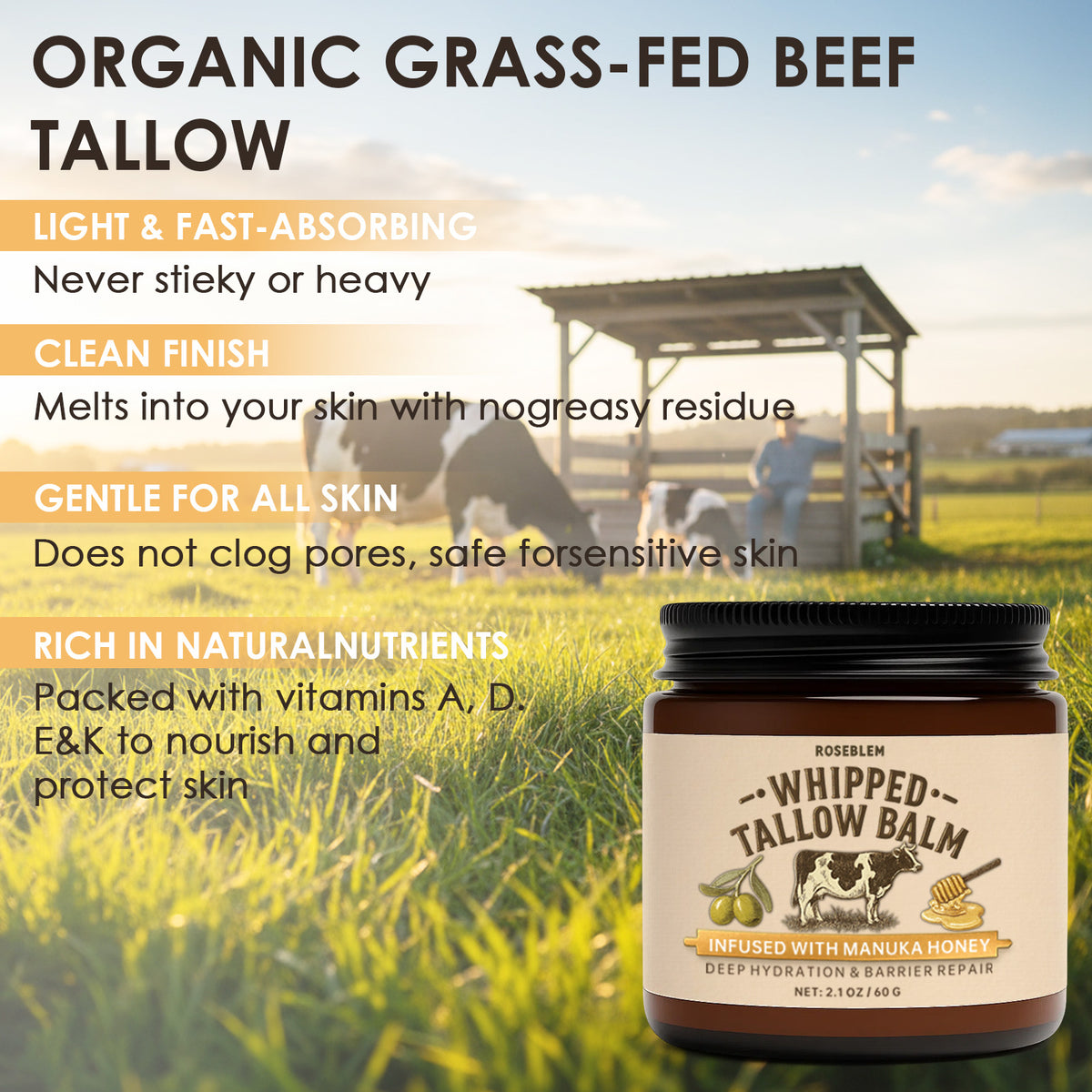 ROSEBLEM Whipped Tallow Balm - 100% Grass-Fed Beef Tallow and Honey Balm for Face & Body Moisturizer for Sensitive Skin 2.1oz