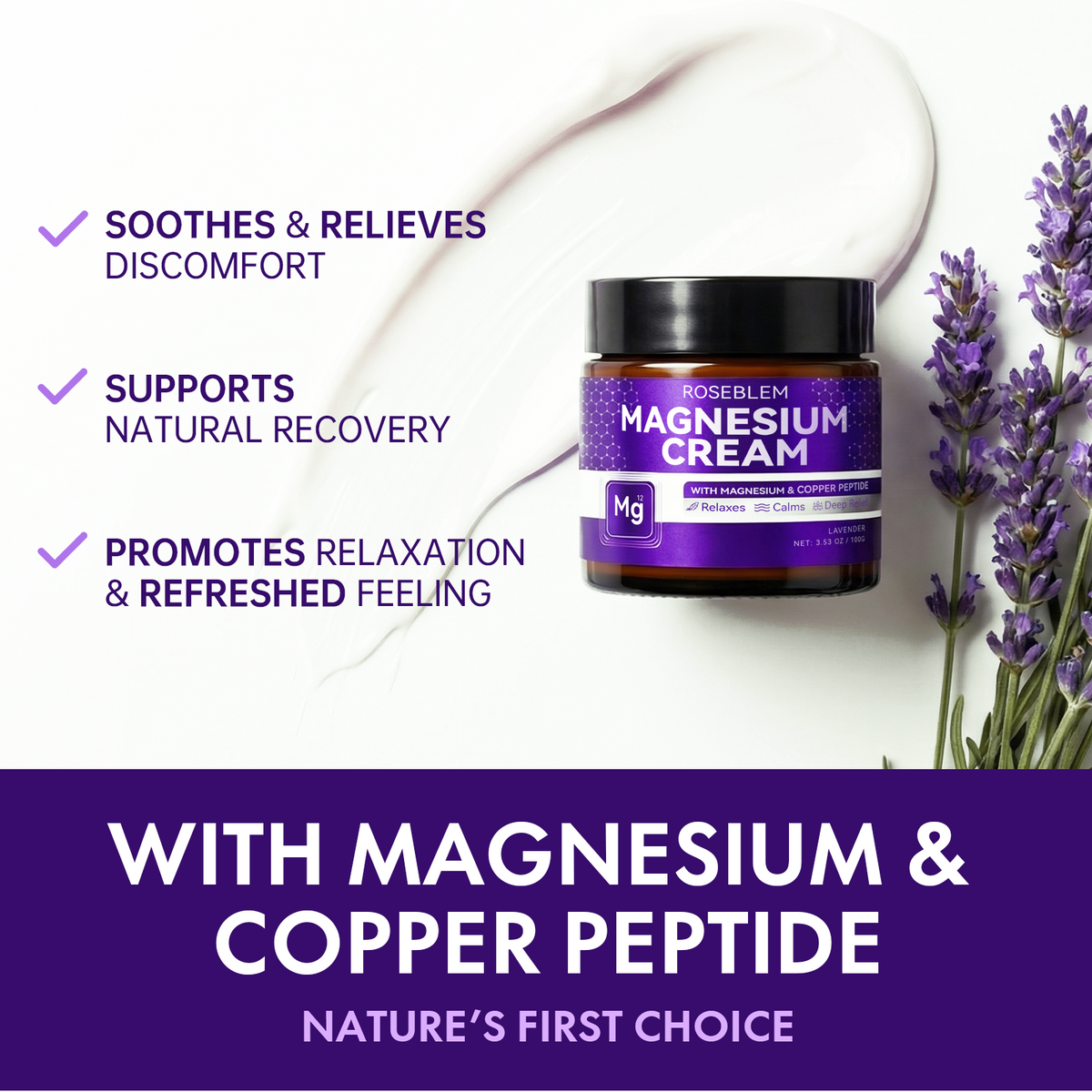 Roseblem Magnesium Cream for Sleep, Natural Magnesium Lotion for Deep Relaxation, 3.53 oz