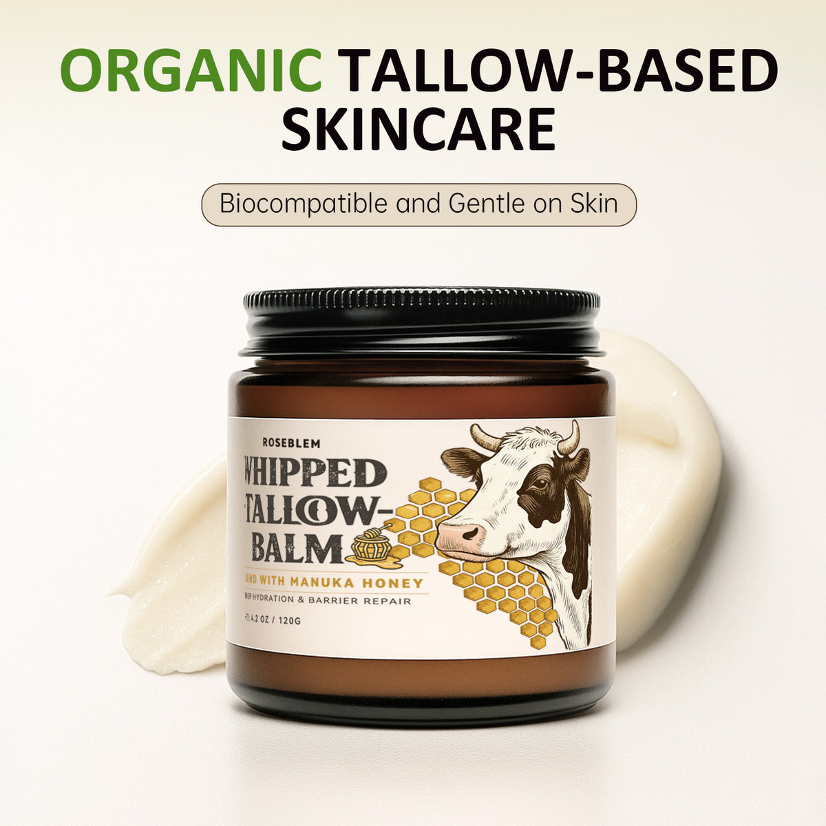 ROSEBLEM Whipped Tallow Balm - 100% Grass-Fed Beef Tallow and Honey Balm for Face & Body Moisturizer for Sensitive Skin 4.2oz