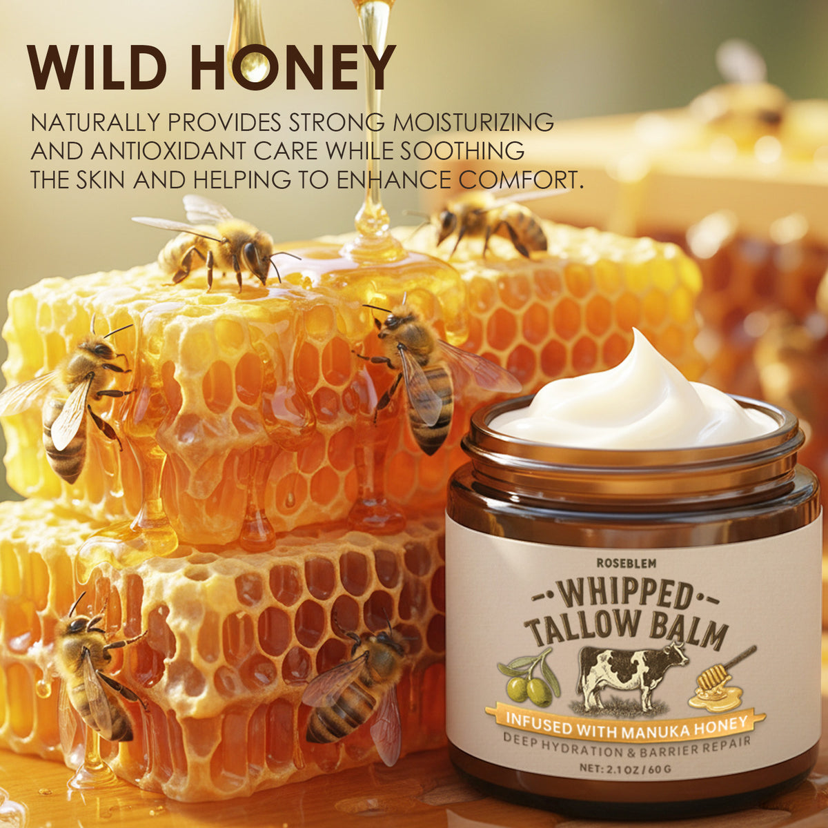 ROSEBLEM Whipped Tallow Balm - 100% Grass-Fed Beef Tallow and Honey Balm for Face & Body Moisturizer for Sensitive Skin 2.1oz