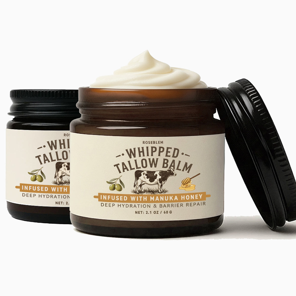 ROSEBLEM Whipped Tallow Balm - 100% Grass-Fed Beef Tallow and Honey Balm for Face & Body Moisturizer for Sensitive Skin 2.1oz