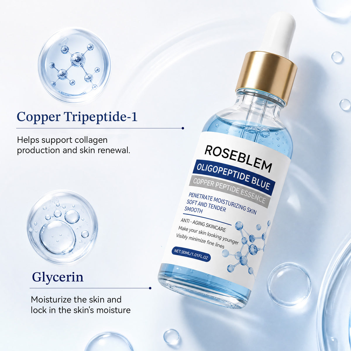 ROSEBLEM Copper Peptides Serum for Face Targets Anti-aging Delivers Deep Hydration and Tightens Facial Skin. Fragrance Free 1.01 fl oz