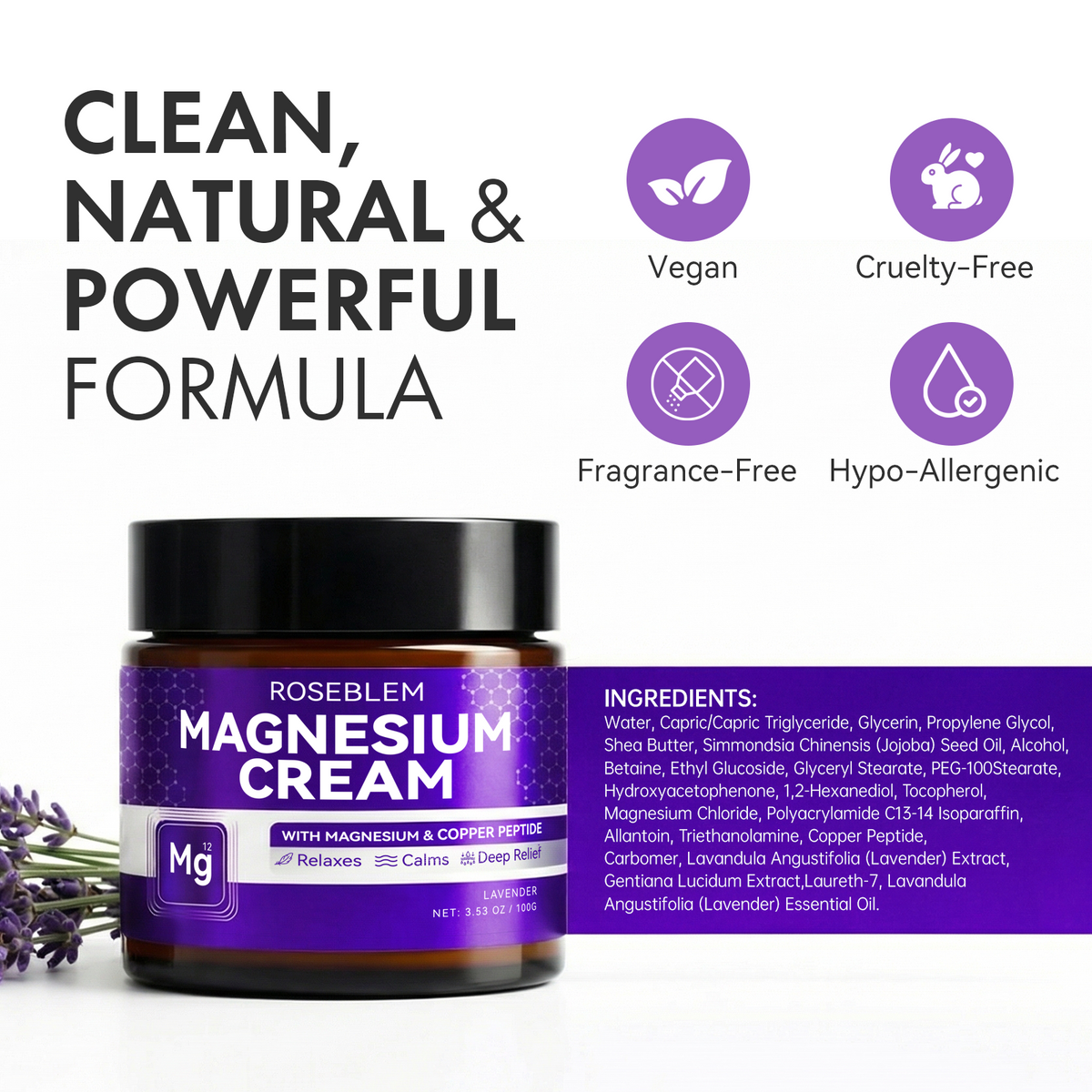 Roseblem Magnesium Cream for Sleep, Natural Magnesium Lotion for Deep Relaxation, 3.53 oz