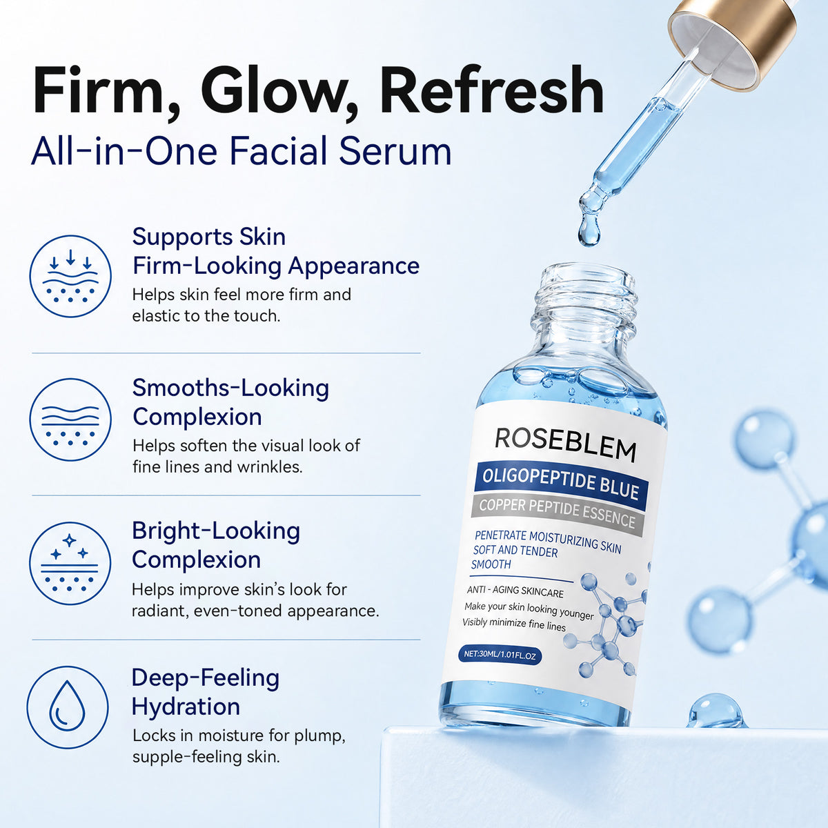 ROSEBLEM Copper Peptides Serum for Face Targets Anti-aging Delivers Deep Hydration and Tightens Facial Skin. Fragrance Free 1.01 fl oz